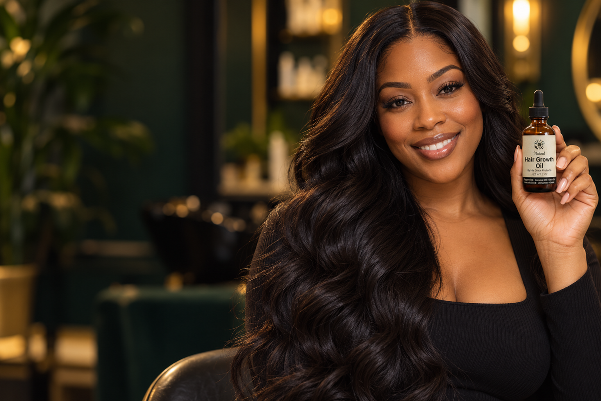 Woman with long flowing hair holding By His Grace Hair Growth Oil