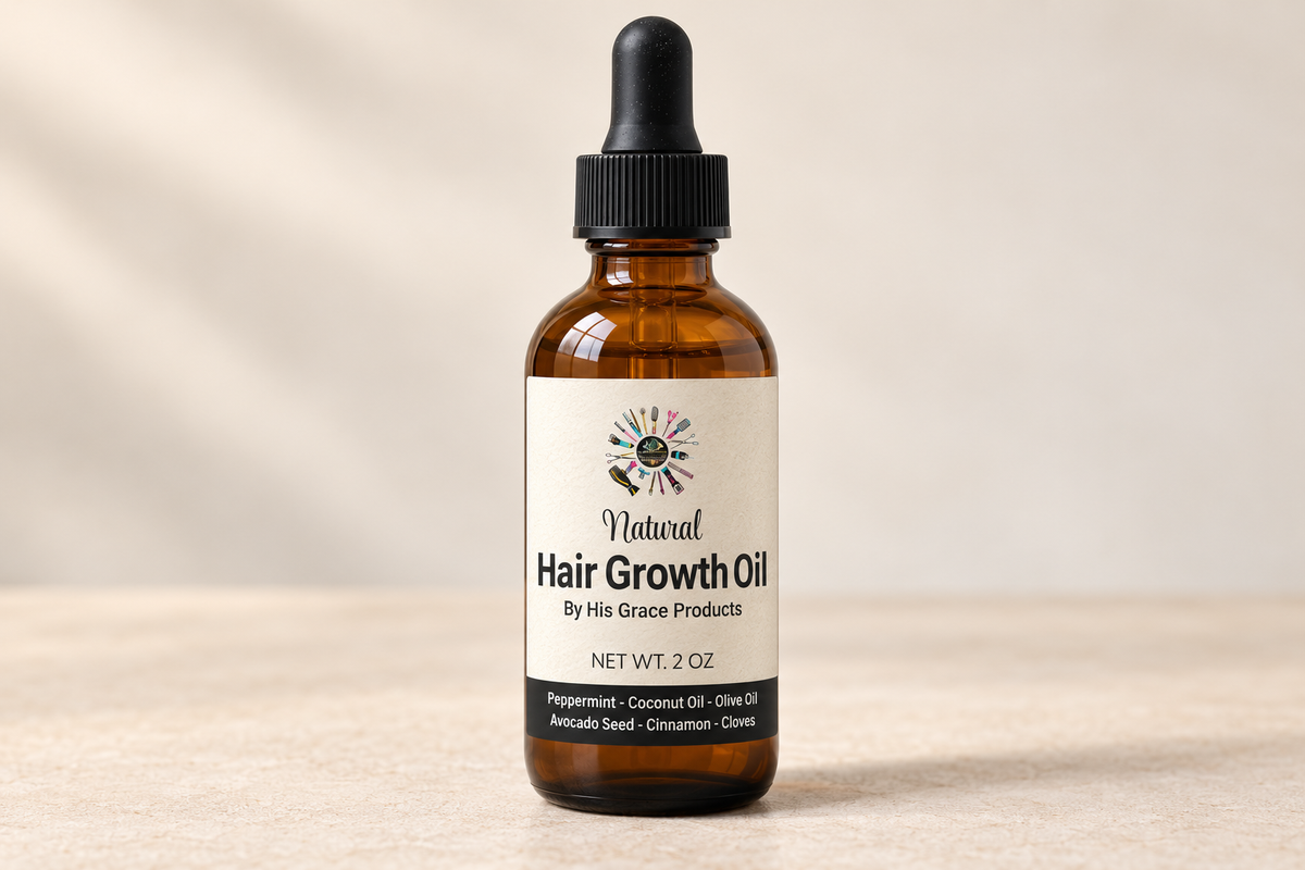 Close-up of By His Grace Natural Hair Growth Oil, 2 oz bottle